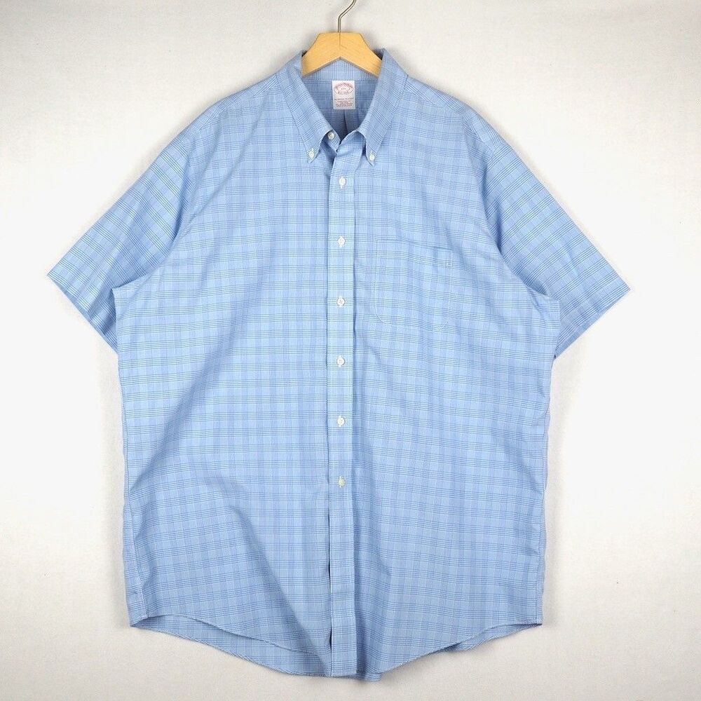 Brooks Brothers Blue Check Short Sleeve Dress Shirt Men's 17.5 Plaid Button-Down